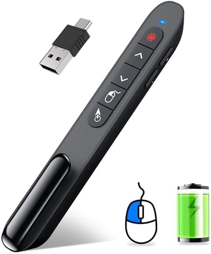 DINOSTRIKE Wireless Presenter Remote with Air Mouse Control, Rechargeable USB A&C Presentation Clicker PPT Pointer RF 2.4GhZ PowerPoint Clicker Slide Advancer for Computer Laptop Mac by DINOSTRIKE