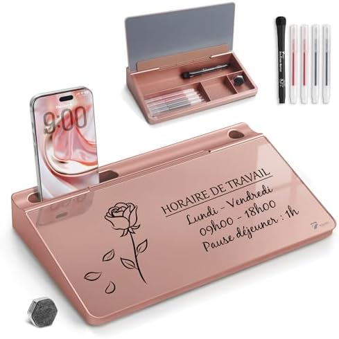 TOWON Compact Glass Desktop Whiteboard with Storage 12x7 in, Rose Gold by TOWON