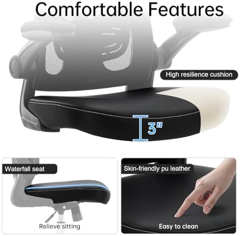Ergonomic Office Chair, Adjustable PU Leather Computer Desk Chair with Lumbar Support, Flip-Up Arms, Breathable Mesh Back, 360° Swivel Rolling Executive Chair for Home Office, Black - Image 4
