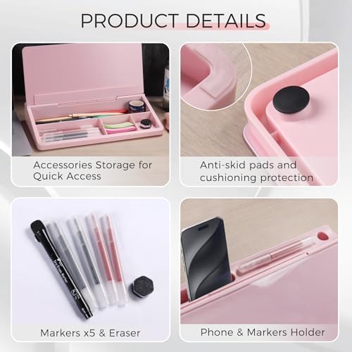 TOWON Compact Glass Desktop Whiteboard with Storage 12x7 in, Pink - Image 3