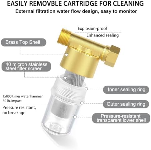DR02 Reusable Washer Water Filter, 40 Micron Brass Sediment Filter, For Washing Machine, Heater, Garden, RV, Protecting Appliances, Reduces Clothes Yellowing, Anti Scale Shower Filter - Image 2