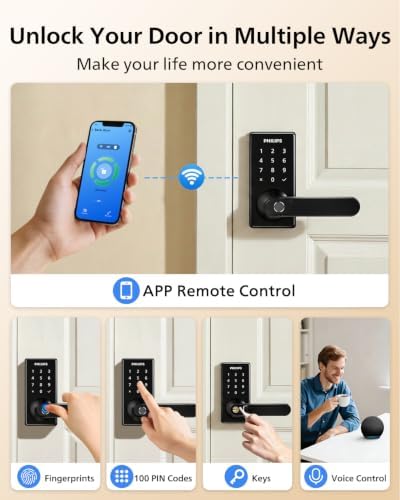 Philips Upgraded Wi-Fi Smart Lock with Handle, Keyless Entry Door Lock, Smart Door Knob, Fingerprint Unlock, App Remote Control, Auto-Lock, Keypad Deadbolt with Lever for Bedrooms, Office, Front Door - Image 4