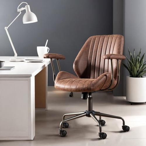 Mid Back Home Office Chair, Mid Century Modern Leather Computer Desk Chair, Comfy Executive Rolling Swivel Task Chair with Wheels Armrest Height Adjustable,Dark Brown by Eco-ChicLivingBeautifullyAffordable