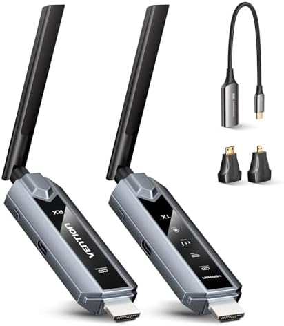 VENTION Wireless HDMI Transmitter and Receiver 656FT with LED Screen, Up to 6 RXs, Heat-Control, Plug & Play Wireless HDMI Extender Kit 4K Decode to Monitor from PC/Projector/TV Box(1TX+1RX) by Vention