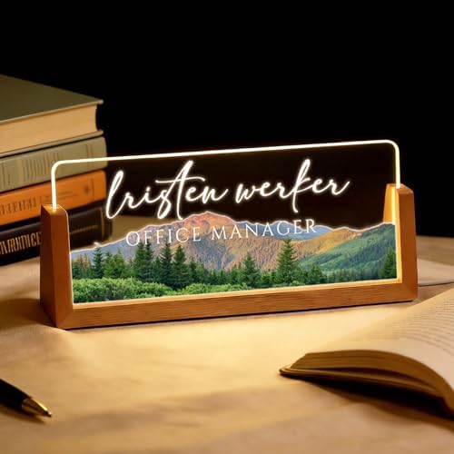 Personalized Light Up Acrylic Desk Name Plate - Custom Name Plate for Desk with Walnut Wood Base - Appreciation Office Gifts for Employees, Teacher, Social Worker (Forest) by Unknown