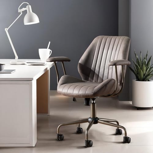 Mid Back Home Office Chair, Mid Century Modern Executive Chair, Comfy Ergonomic Rolling Office Desk Chair with Lumbar Support, Faux Leather Office Chair, Dark Gray by Eco-ChicLivingBeautifullyAffordable