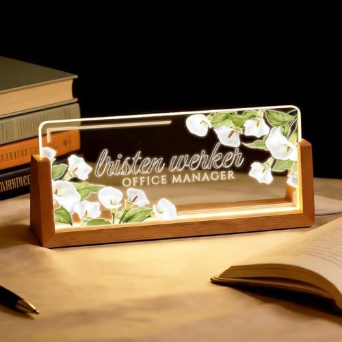 Personalized Light Up Acrylic Desk Name Plate - Custom Name Plate for Desk with Walnut Wood Base - Appreciation Office Gifts for Employees, Teacher, Social Worker (White) by Unknown