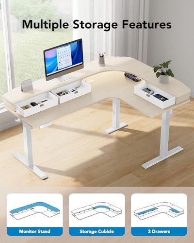 HUANUO 65″ L Shaped Standing Desk with 3 Drawers, Adjustable, Natural Wood - Image 6