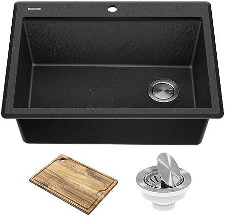 KRAUS Bellucci 28-inch Granite Workstation Drop In Top Mount Single Bowl Kitchen Sink in Metallic Black with Accessories, KGTW12-28MBL by Unknown