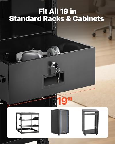 VEVOR 4U Rack Drawer, Lockable Server Cabinet Case, 13.8'' Depth Server Rack Mount Drawer, for 19'' Network Equipment/DJ/AV Rack or Cabinet Enclosure, 50 lbs Max Load, with Cable Management Holes - Image 2