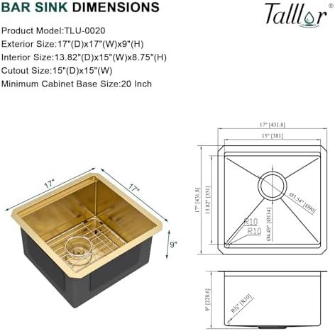 17x17 Inch Gold Undermount Bar Sink, Workstation SS304 Wet Bar Sink - Image 6