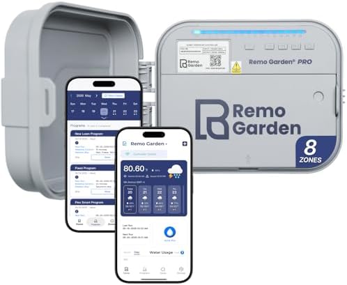Outdoor Smart Sprinkler Controller 8 Zone, WiFi Automatic Irrigation Timer, Easy-Use App, Flexible Programs, Save Water via Rain, Wind&Freeze Skip, Quick Install, with Alexa by RemoGarden