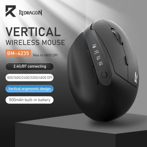 Redragon Ergonomic Mouse, Bluetooth Rechargeable Wireless Vertical Mouse, 3 Multi-Device Connectivity for Computer/PC/Laptop, 500mAh Battery, 2.4GHz USB-A Optical Mice for Windows, Mac OS, Black - Image 3
