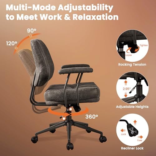 Leather Home Office Chair, Mid Back Ergonomic Desk Chair with Lumbar Support, Mid Century Modern Deep Seat Swivel Rocking Computer Chair, Dark Gray - Image 5