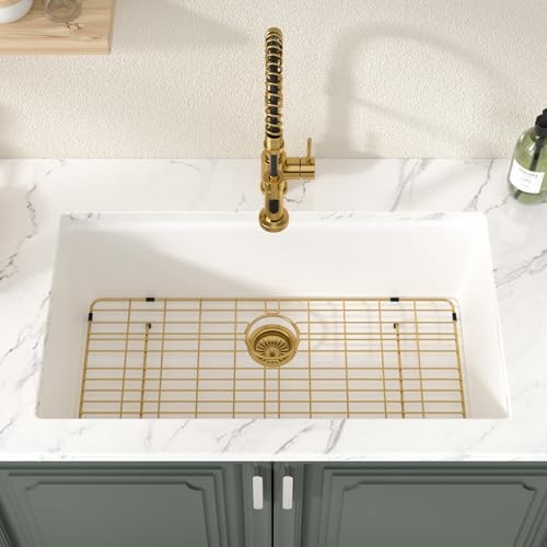 Lordear 33 Inch White Kitchen Sink Granite Composite Undermount Kitchen Sink Workstation 33x19 White Quartz Sinks Under Counter Single Bowl with Classic Gold Accessories - Image 4