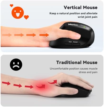 MEETION Left-Handed Ergonomic Vertical Mouse, Wireless, Rechargeable, Black - Image 3