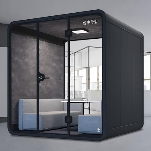 Office Sound Booth with Audio Privacy - Black Office Pod with Curved Corner Design&Small Table,Soundproof Booth Includes Central Lighting,Honeycomb Aluminum Panel,Fans for Meeting(86IN) by X-Comfot
