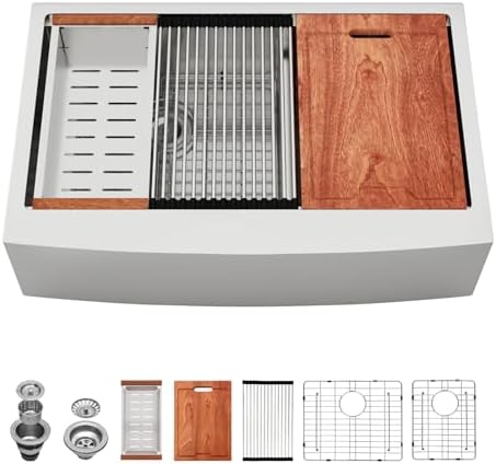 33 Farmhouse Sink Double Bowl - Lordear 33x22 Stainless Steel Kitchen Sinks Apron Front Double Basin 60/40 Low Divide Workstation Farm Sinks with Buit in Accessories by LORDEAR