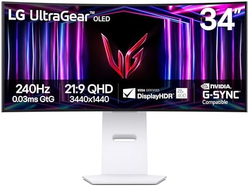 LG 34GS95QE 34-inch Ultragear OLED Curved Gaming Monitor WQHD 1440p 800R 240Hz 0.03ms AMD FreeSync Premium Pro NVIDIA G-Sync HDMI 2.1 DisplayPort Tilt/Height/Swivel Stand White by Unknown
