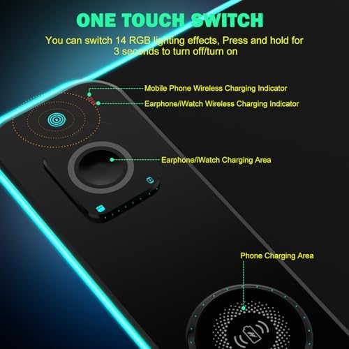 GIM RGB Gaming Mouse Pad with Simultaneous Charging for Phone & iWatch, LED Mouse Mat 800x300x4MM, 14 Light Modes, Non-Slip Rubber Base, Computer Keyboard Mat for Gaming, 20W PD Adapter Included - Image 6