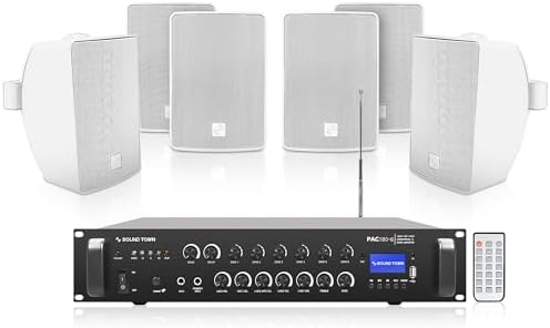 Sound Town Commercial Restaurant Bluetooth Amplifier + Surface-Mount Speaker Set, with One 6-Zone 70V/100V Amplifier with Bluetooth, 6 x 4.5-Inch Surface-Mount Speakers, White (PAC180X6TV4W) by SOUNDTOWN
