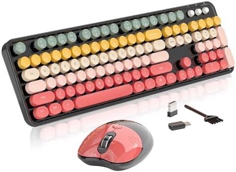 Wireless Keyboard and Mouse, MOFII 104 Round Keycaps Retro Typewriter with OTG & Brush, Full-Size Ergonomic, Ideal for Windows PC, Home, Office and College Rainbow Red by MOFII