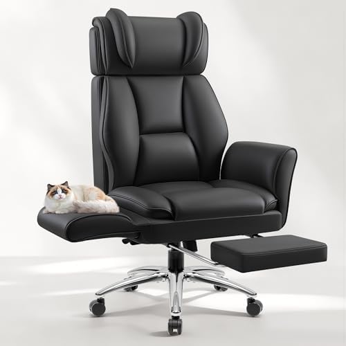 Big and Tall Office Chair, Flip Armrests for Pets & Cross Legged Sitting, Ergonomic Leather Executive Desk Chair with Foot Rest, High-Back Reclining Computer Chairs for Home Office Gaming, Black by Fidom