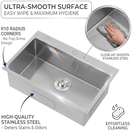 VAPSINT 33x22 Drop In Kitchen Sink, 33 Inch Stainless Steel Top Mount Single Bowl Sink for Kitchen, Overmount Handmade 16 Gauge Brushed Nickel RV Laundry Prep Sinks with Drain - Image 7