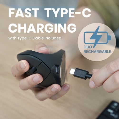 Perixx PERIMICE-713R Wireless Rechargeable Vertical Mouse - Duo Wired and Wireless Charging Feature - 6 Buttons Design - Black - Right-Handed Design - Image 3