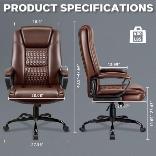 LEMBERI High Back PU Leather Executive Office Chair, Adjustable Swivel Computer Desk Chair with Padded Armrests for Home Office, Brown - Image 3