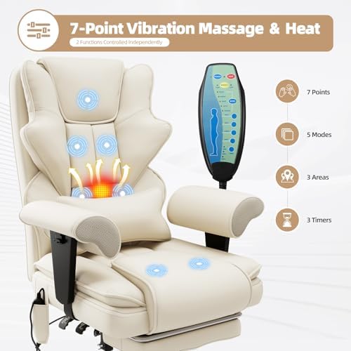 Executive 7-Point Massage Heated Office Chair with Footrest, Beige - Image 6