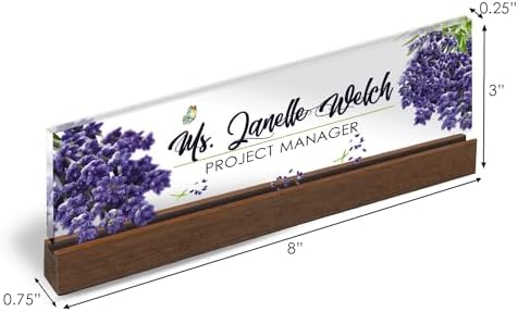 Artblox Personalized Office Desk Name Plate and Business Card Holder | Clear Acrylic Glass with Teak Wood Stand | Lavender Flowers Design Customized with Your Name and Credentials Office Desk Décor - Image 3