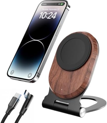 Walnut Wood Foldable Wireless Charger Stand, Magnetic 15W Fast Charging Dock with 0-85° Adjustable Angle, Compatible with MagSafe for iPhone 18/17/16/15/14/13/12 Series, Desk & Nightstand Decor by Xosido