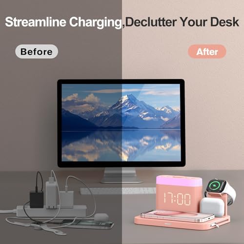 ANJANK 5 in 1 Wireless Charging Station with Alarm Clock,7 Night Light & 0-100% Dimmer,Qi Mag-Safe Charger Stand for Apple Devices - for iPhone 17 16 15 14 13 12 Pro Max Plus Air,Apple Watch,Airpods - Image 7