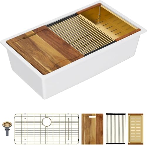 Lordear 30 Inch White Kitchen Sink Granite Composite Undermount Kitchen Sink Workstation 30x19 White Quartz Sinks Under Counter Single Bowl with Classic Gold Accessories by LORDEAR