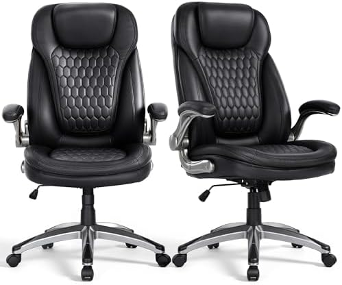 COLAMY High Back Executive Office Chairs, Ergonomic PU Leather Desk Chairs with Flip-Up Armrests, Adjustable Height, Lumbar Support, Comfortable Computer Chairs for Home Office, Set of 2 by COLAMYHOME