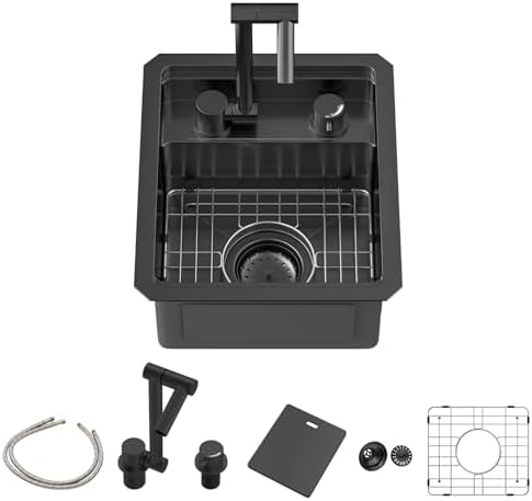 Sarlai Undermount Bar Sink 13x15 Inch Undermount Outdoor Sink with Foldable Faucet Bar Prep RV Single Bowl Gunmetal Black 16 Gauge Stainless Steel Small Sinks with Cover BBQ Sinks Outside by Sarlai