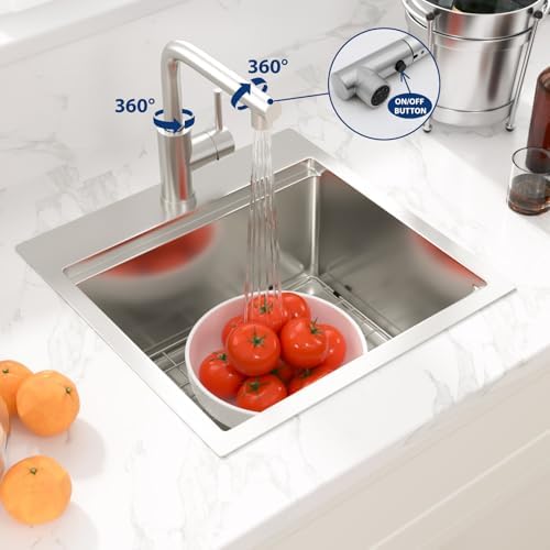 Sarlai Drop Bar Sink - 18 Inch Outdoor Kitchen Sink with Pull-out Faucet Drop In Workstation 18 x 18 Topmount Stainless Steel 16 Gauge Single Bowl Bar Prep RV Outdoor Sinks Basin - Image 5