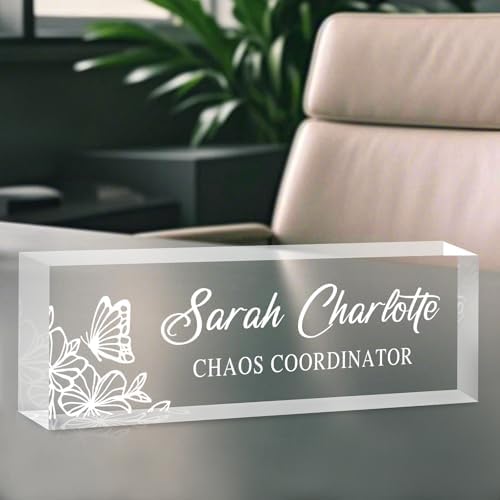 Custom Name Plate for Desk, Personalized Desk Name Plate on Clear Acrylic Glass, Appreciation Gifts for Teacher Employee Boss Coworkers Nurse, Office Desk Accessories for Women Men (Engraved Garden) - Image 4