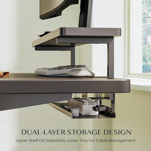 FlexiSpot Under Desk Cable Management Tray with Monitor Riser, No Drill - Image 2