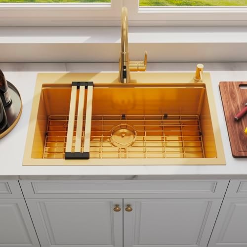 33 Inch Gold Drop In Single Bowl Workstation Handmade Kitchen Sink - Image 3