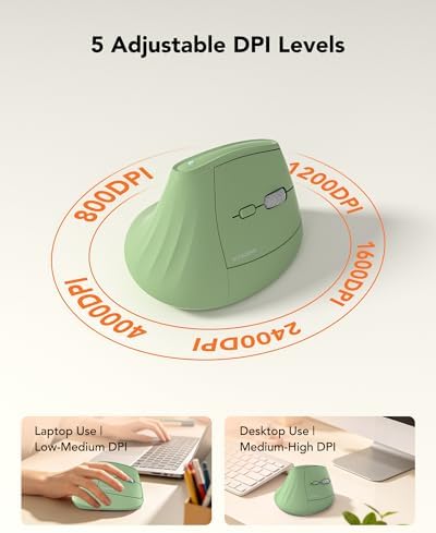 KYSONA Ergonomic Mouse Wireless, Bluetooth Vertical Mouse, 5-Level Adjustable DPI, 2.4G Silent Switch Mice for Windows, MacOS, IPadOS, Laptop, PC, Olive Green - Image 4