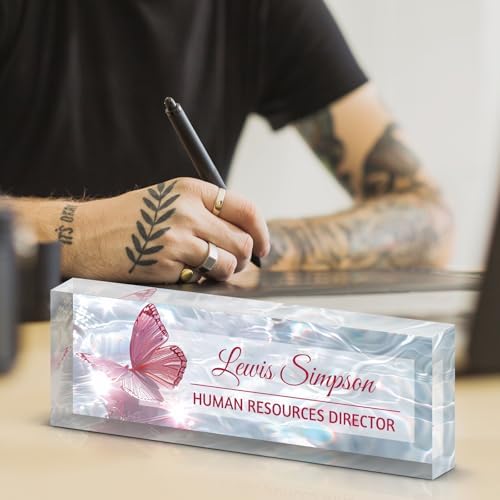 Custom Name Plate for Desk, Office Desk Double sided pattern Name Plate Personalized Office Desk Decor for Women and Men, Teacher Nurse Boss Employee Appreciation Gifts (Water wave butterfly, customization) - Image 7