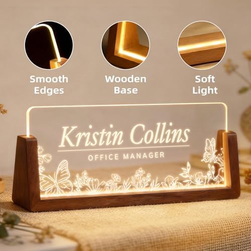 Personalized Light Up Acrylic Desk Name Plate - Custom Name Plate for Desk with Walnut Wood Base - Appreciation Office Gifts for Employees, Teacher, Social Worker (Butterfly) - Image 7