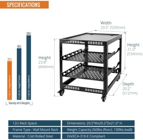 TECMOJO 12U Open Frame Network Rack for IT & AV Gear, 4-Post With Casters, Mobile With 2 PCS 1U Server Shelf & Mounting Hardware, for 19" Network, Audio and Video Device - Image 2