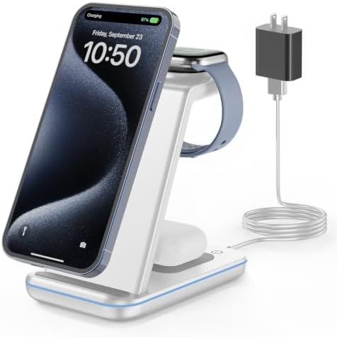 GEEKERA Wireless Charger, 3 in 1 Wireless Charging Station for iPhone Air/17/16/15/14/13/12/11/Pro Max/X/8, Phone and Watch Charger Stand for Apple Watch Ultra 3-2/11-2/SE, AirPods Pro/4/3/2, Silver by GEEKERA