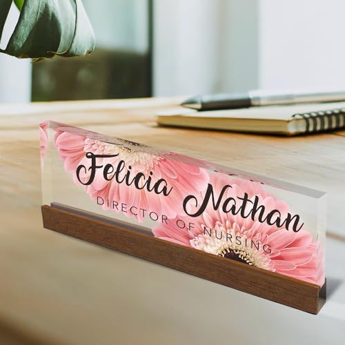 Artblox Personalized Office Desk Name Plate and Business Card Holder | Clear Acrylic Glass with Teak Wood Stand | Pink Daises Design Customized with Your Name and Credentials Office Desk Decor - Image 2