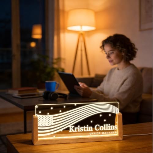 Personalized Light Up Acrylic Desk Name Plate - Custom Name Plate for Desk with Walnut Wood Base - Appreciation Office Gifts for Employees, Teacher, Social Worker (Stars) - Image 4