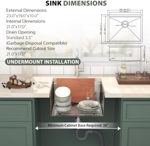 Mocoloo 23 Inch Undermount Kitchen Sink - Stainless Steel Undermount Bar Prep Single Bowl 16 Gauge 10" Deep 23x19 Kitchen Sink Workstation Handmade RV Laundry Sinks with Track - Image 3