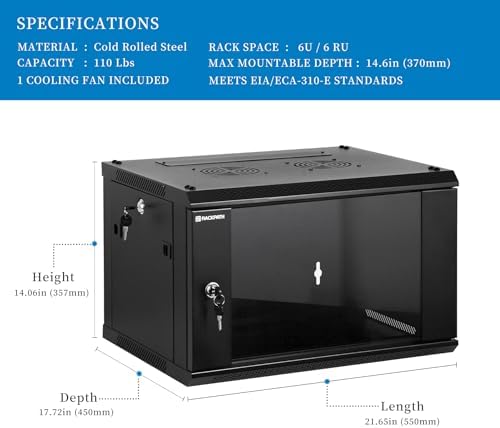 RackPath 6U Wall Mount Network Rack Cabinet – Quiet Cooling Fan, Locking Glass Door, 17.7" Deep (450mm), Removable Locking Side Panels, Fits 19" IT & A/V Equipment - Image 2